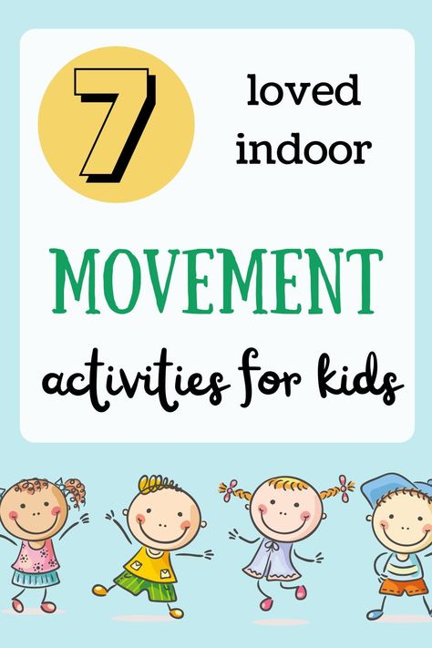 7 creative easy fun and well loved indoor movement activities for kids. Indoor movement ideas for hot cold rainy or snowy days to keep kids moving and having fun. Great brain break ideas for preschool or kindergarten classes. #brainbreakideas #movementactivitiesforkids #kidsmovmenet #movementideas #preschoolbrainbreak #kindergartenbrainbreak #movementactivities #preschoolmovementideas #indoormovementideas #indoormovementactivities #indooractivitiesforkids Fun Movement Activities For Preschoolers, Indoor Large Motor Activities Preschool, Big Movement Activities For Preschool, Gym Class For Preschoolers, Kindergarten Gym Ideas, Movement Breaks For Preschool, Prek Gym Activities, Pre K Movement Games, Movement Theme Preschool