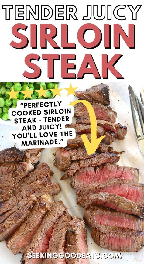 This succulent sirloin steak recipe is easy to make and super flavorful, resulting in tender and juicy steaks! You'll love the simple salty and savory marinade with a tiny kick of hot sauce. Sirloin steaks are relatively lean compared to other steaks and low in carbs, sugar-free, gluten-free, paleo, and keto - they're 100% delicious! Marinate your steaks beforehand, and you'll have the perfect easy dinner for busy weeknights! Sirloin Marinade Recipes, Sirloin Tender Steak, Tender Sirloin Steak Recipes, Top Sirloin Steak Marinade Recipes, Juicy Steak Recipe, Sirloin Tender Steak Recipes Pan, Top Sirloin Steak Marinade, Marinade For Sirloin Steak, Top Sirloin Marinade