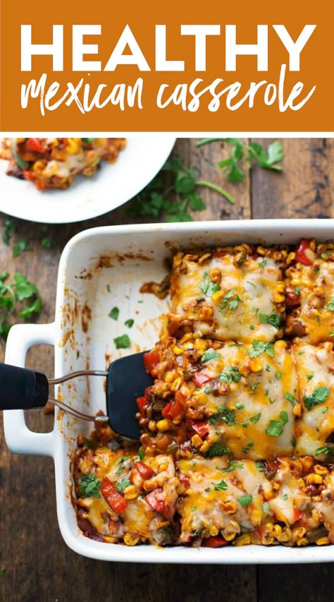 Healthy Mexican Casserole with Roasted Corn and Peppers! This Healthy Mexican Casserole has roasted corn, roasted bell peppers, cheese, enchilada sauce, and corn tortillas. Perfect leftovers for lunches! #casserole #mexican #healthyrecipe Cheese Enchilada Sauce, Healthy Mexican Casserole, Roasted Bell Peppers, Healthy Mexican Recipes, Vegetarian Mexican, Meal Train Recipes, Mexican Casserole, Healthy Mexican, Healthy Casseroles