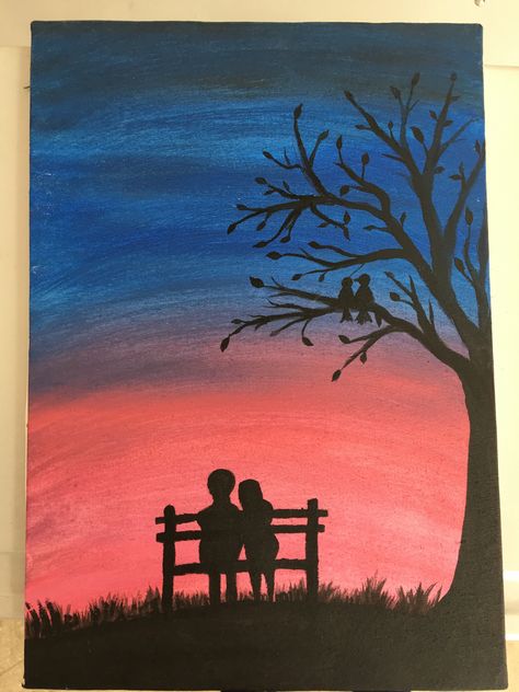 Romantic Sunset Painting, Sunset Art Painting, Sunset Painting Easy, Drawing Sunset, Oil Pastel Drawings Easy, Night Sky Painting, Boho Art Drawings, Romantic Paintings, Silhouette Painting