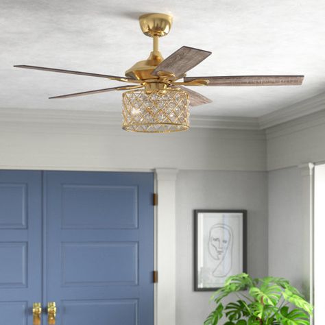 Kelly Clarkson Home Amboise 52" 5 - Blade Crystal Ceiling Fan with Remote Control and Light Kit Included | Wayfair Ceiling Fans With Chandelier Light, Fandaliers Aesthetic, Living Room Fans, Vintage Ceiling Fans, Brass Ceiling Fan, Random Decor, Gold Light Fixture, Crystal Ceiling Fan, Ceiling Fan Bedroom