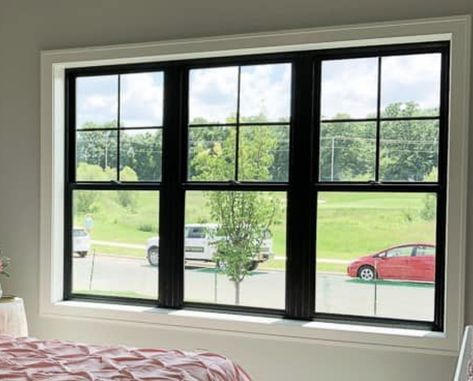 White Trim Black Windows, Windows With Black Frames, Interior Black Windows, Black Windows Interior, Black Anderson Windows, Picture Windows Exterior, 4 Pane Windows Exterior, Black Double Hung Windows, Black Interior Windows