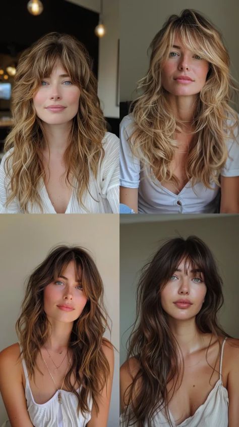 70s Style Curtain Bangs, Long Haircut With Curtain Bangs Wavy, French Fringe Bangs Long Hair, Fall Long Hairstyles, Wavy Hairstyles Bangs, French Fringe Long Hair, French Haircut Long, Fringe Wavy Hair, Wavy Hair With Fringe