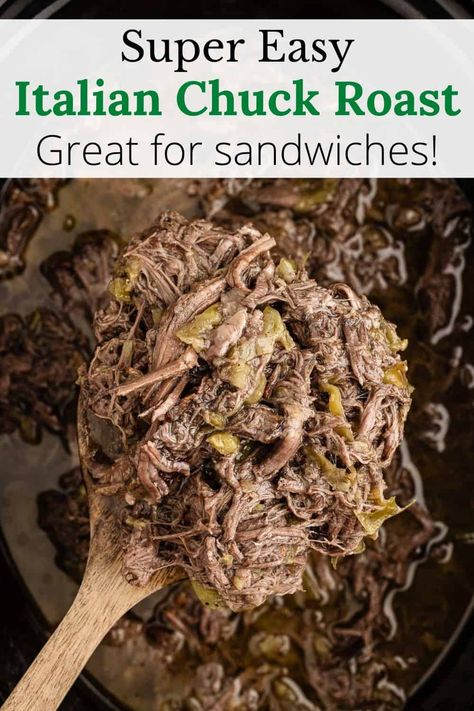 Roast With Italian Dressing Packet, Chuck Roast For Sandwiches, Italian Chuck Roast Recipes, Easy Italian Beef Crockpot, Italian Beef In Crockpot, Chuck Roast Crock Pot Recipes Italian, Chuck Roast With Pepperoncini, Italian Beef Sandwich Recipe, Slow Cooker Roast Beef Sandwiches