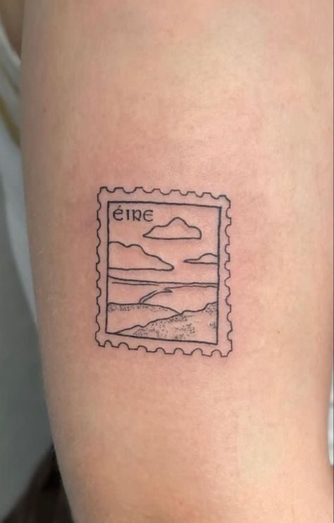 Irish Music Tattoo, Eire Tatoos, Norway Stamp Tattoo, Northern Ireland Tattoo Ideas, Ireland Postage Stamp Tattoo, Dainty Irish Tattoo, Tattoos In Irish, Country Stamp Tattoo, Irish Post Stamp Tattoo