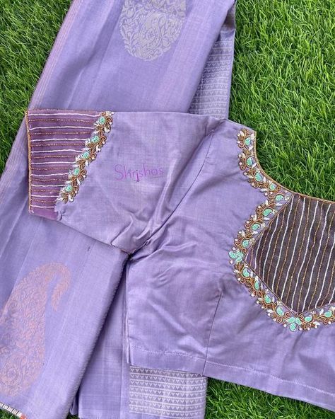 Emroidary Blouse Design, Saree Border Maggam Work, Netted Aari Work Blouse Design, Net Work Blouse Designs Latest, Net Work Blouse, Net Embroidery Blouse, Ruffle Blouse Designs, Plain Blouse Designs, Blue Blouse Designs