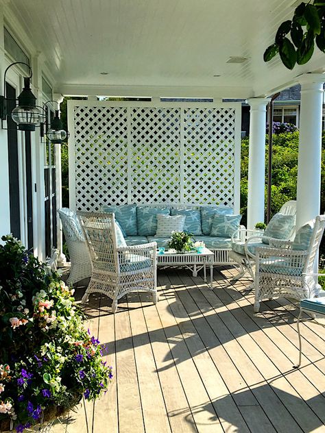 Nantucket Porch, Privacy Deck, Porch Trellis, Porch Lattice, Farmhouse Porches, Porch Privacy, Side Patio, Lattice Screen, Privacy Ideas