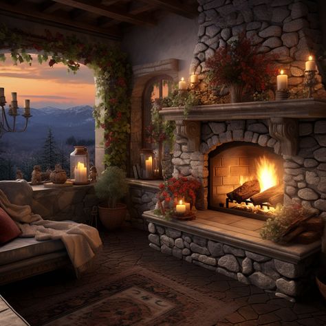 "Transform your space into a haven of warmth and comfort with our enchanting \"Cozy Fireplace Cottage\" digital art print. This captivating piece captures the timeless charm of a rustic cottage nestled amidst a winter wonderland. The focal point of this artwork is a crackling fireplace, its golden glow casting a gentle warmth across the room. Snowflakes drift lazily outside, adding a touch of magic to the scene. The cottage's quaint architecture is adorned with twinkling holiday lights, creating Garden Room With Fireplace, Interesting Fireplaces, Fantasy Fireplace, Fairytale Cottage Interiors, Fancy Fireplace, Fireplace Cottage, Fireplace Aesthetic, Gothic Fireplace, Fireplace Cozy