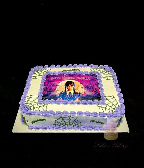 Wednesday Addams Sheet Cake, Birthday Cake Wednesday, Wednesday Addams Birthday Party Cake, Wednesday Theme Cake, Wednesday Cake Ideas, Wednesday Birthday Cake, Wednesday Addams Birthday Cake, Wednesday Addams Cake, Addams Family Theme Party