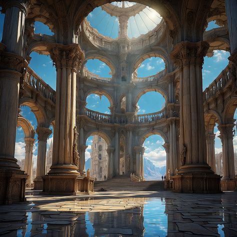 Fantasy Temple Interior Concept Art, Sky Kingdom Aesthetic, Fantasy Temple Interior, Wizard Tower Interior, Futuristic Kingdom, Heavenly Architecture, Angel Architecture, Futuristic Temple, Fantasy Temple