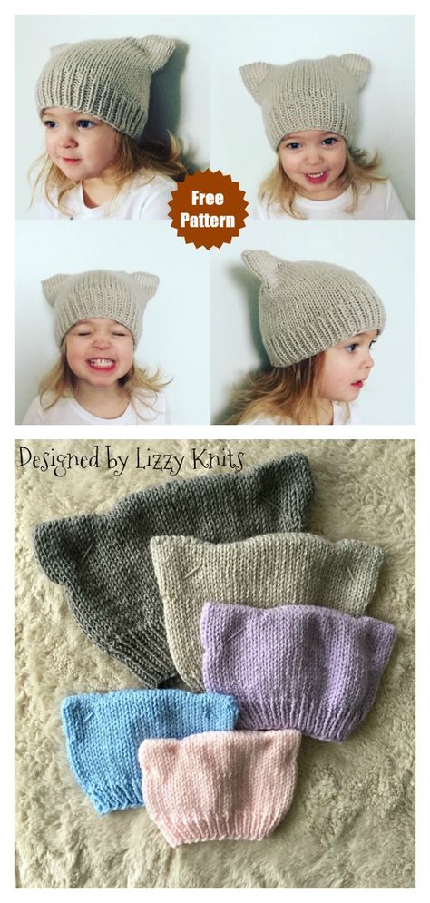 Hat Free Knitting Pattern, Rabbit Knitting Pattern, Cat Ears Hat, Beginner Knitting Pattern, Knitted Hats Kids, Hat Patterns Free, Knitting Patterns Free Hats, Bonnet Crochet, Knitted Cat