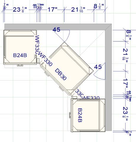 Corner Kitchen Sink Ideas Layout, Kitchen Layout With Corner Sink, Corner Kitchen Stove Ideas, Kitchen With Oven In Corner, Kitchen Ideas With Bar Layout, Kitchen With Sink In Corner, Angled Kitchen Cabinets End, Hexagon Kitchen Layout, Corner Kitchen Sink Cabinet