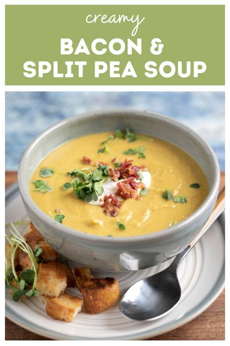 This easy recipe features garden-fresh vegetables, thyme and dried split peas, and requires less than 30 minutes of hands-on prep time. Split Pea Soup Recipe, Bacon Soup, Split Pea Soup, Cooking Bacon, Pea Soup, Split Pea, Pea Recipes, Healthy Veggies, Bacon Recipes