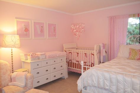 Girl Nursery/ Guest Room Parents Room And Nursery Together, Baby Room With Parents, Baby And Parents Room Shared, Crib And Queen Bed Shared Room, Nursery And Big Sister Room, Baby Room In Parents Room, Baby Sharing Room With Parents, Mommy And Me Room Ideas, Toddler And Baby Shared Room Girls Ideas