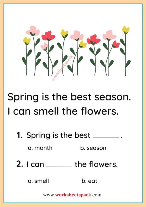 Spring Reading Comprehension Worksheets | Passage About Spring - Printable and Online Worksheets Pack Spring Reading Comprehension, Fun Phonics Activities, Spring Worksheet, Spring Reading, Activities Printable, Reading For Beginners, Spring Printables, Spring Coloring Pages, Spring Kids