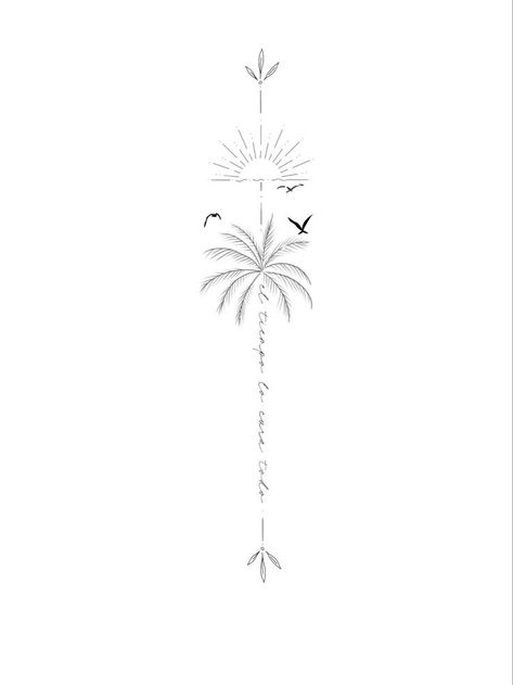 Back Tattoos In Spanish, Vertical Beach Tattoo, Hawaiian Memorial Tattoo, Spain Related Tattoos, Beachy Spine Tattoos For Women, Spine Tattoo In Spanish, Mexico Vacation Tattoo Ideas, Tattoos To Get In Mexico, Palm Tree Spine Tattoo