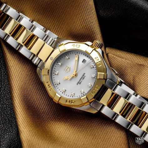 A strong woman needs a watch to match. Shine bright this summer with the TAG Heuer Aquaracer Lady Gold. #AquaracerLady #Diamond #Gold #KelleyJewelers #DowntownWeatherfordOK Tag Watches Women, Tag Heuer Women, Brand Watches Women, Womens Designer Watches, Tag Heuer Aquaracer, Mens Designer Watches, Vintage Watches Women, Tag Heuer Watch, A Strong Woman