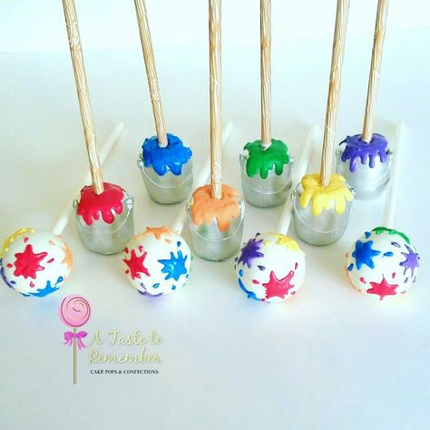 Paint splatter and paint can cake pops for paint party Paint Party Cake Pops, Art Party Cake Pops, Paint Cake Pops, Pop Art Party Decoration, Art Party Cakes, Crayola Birthday Party, Splatter Cake, Pop Art Party, Art Party Ideas