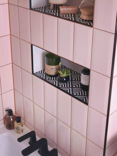 Crazy Bathroom Design, Pink Art Deco Bathroom, Bathroom Pink Aesthetic, Bathroom Pony Wall, Black Pink Bathroom, Old Pink Tile Bathroom Ideas, Popular Bathroom Tile, Small Pink Bathroom Ideas, Shower Over Bath Ideas