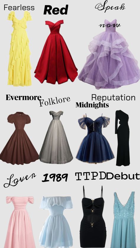 Taylor swift album dresses! :) Taylor Swift Albums, Taylor Swift Dress, Taylor Swift Cute, Taylor Swift Outfits, Taylor Swift Album, Prom Outfits, Taylor Swift, Swift, Dress Outfits