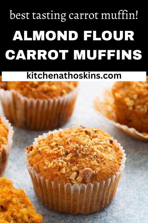 Almond Flour Carrot Muffins are ultra soft with a tender crumb and loaded with finely grated carrots, walnuts and raisins. A simply irresistible gluten free and dairy free muffin recipe! Gf Carrot Muffins, Almond Flour Carrot Muffins, Almond Flour Carrot Cake Muffins, Almond Flour Sugar Free Recipes, Carrot Pulp Muffins, Gluten Free Carrot Muffins, Almond Meal Muffins, Banana Yogurt Muffins, Healthy Carrot Muffins