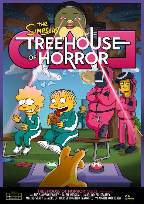 The Simpsons Treehouse Of Horror Squid Game Edition Tree House Of Horror, House Of Horror, Treehouse Of Horror, Ralph Wiggum, Simpsons Treehouse Of Horror, Simpsons Drawings, Bakery Packaging, Funny Horror, Horror Posters