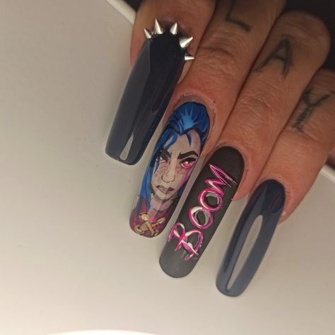 Jinx Nail Art, Sk8 The Infinity Nails, Gamer Nails Design, Arcane Nails Design, League Of Legends Nails, Jinx Nails Arcane, Arcane Inspired Nails, Jinx Nails, Arcane Nails