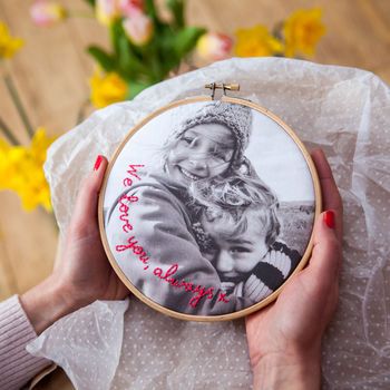 Photo Hoop, Embroidered Photography, Embroidered Photo Art, Embroidered Photographs, Embroidered Photo, Embroidered Portrait, Personalized Embroidery, Square Photos, Handmade Artwork