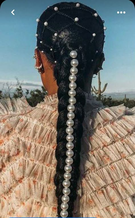 Pearls In Black Hair, Hair Stones Hairstyle, Crown Loc Styles For Women, Afrofuturism Hairstyles, Locs With Pearls, Cap And Gown Hair Hairstyles Black Women, Pearls In Braids, Wakanda Hairstyles, Braids With Jewels