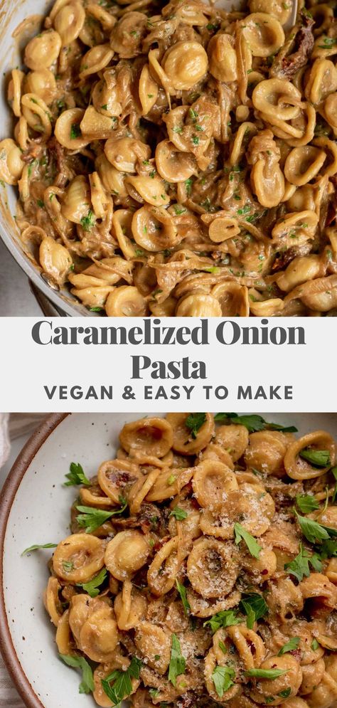 This Caramelized Onion Pasta is a great pantry-friendly meal that also happens to be perfect for an easy weeknight dinner. Dairy-free, creamy and delicious. Caramelized Onions Recipe Dinners, Dairy Free Creamy Pasta Sauce, Carmelized Onion Creamy Pasta, Vegan French Onion Pasta, Creamy Vegetarian Pasta Recipes, Easy Dairy Free Pasta Recipes, Creamy Caramelized Onion Pasta, Cozy Vegan Meals, Pasta Dinner Recipes Dairy Free