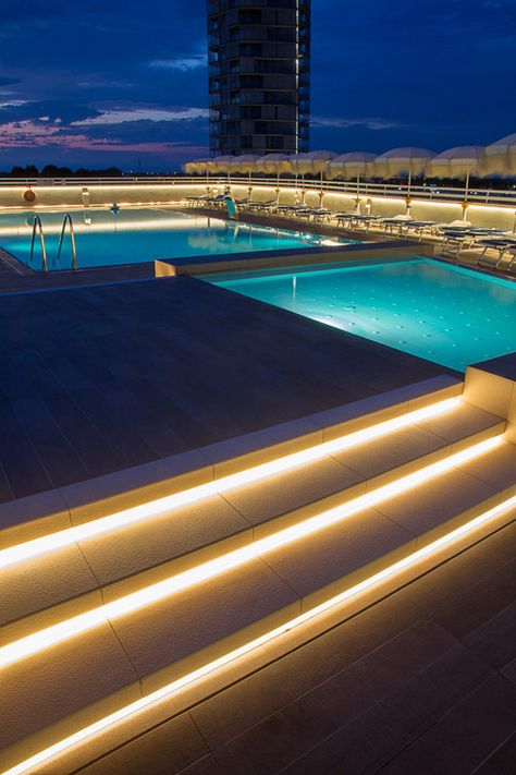 Hotel Principe Palace by Linea Light Group reference projects | Manufacturer references Lights Over Pool, Pool Lighting Ideas, Swimming Pool Lighting, Group Reference, Aqua Garden, Above Ground Pool Deck Ideas, Pool Lighting, Above Ground Pool Deck, Retirement Village