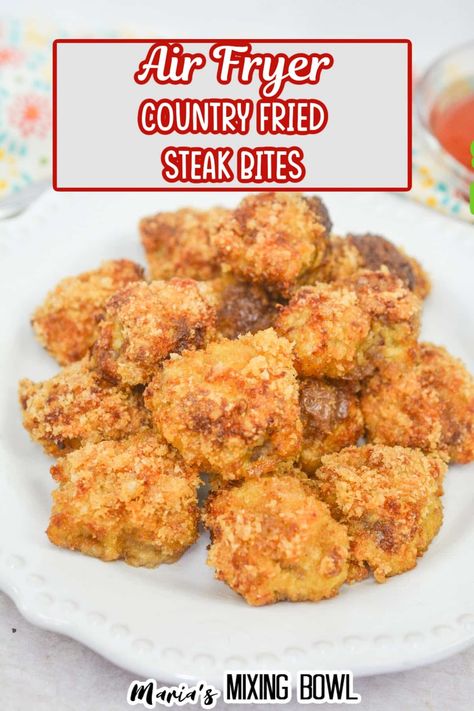 Country Steak, Air Fryer Country Fried Steak, Fried Steak Bites, Chicken Fried Steak Easy, Healthy Steak Recipes, Breaded Steak, Fried Steak Recipes, Steak Bites Recipe, Air Fryer Steak