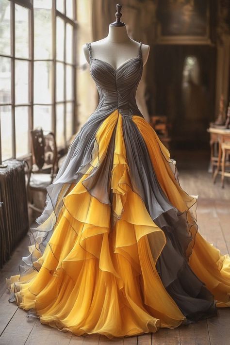 Hufflepuff Dress, Debut Ideas, Fantasy Clothes, Bee Dress, High Fashion Dresses, Ladies Blouse Designs, Ladies Blouse, Fantasy Gowns, Pretty Prom Dresses