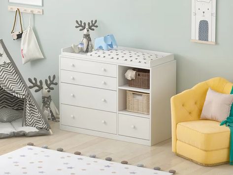 Latitude Run® Changing Table Dresser | Wayfair Baby Changing Table Ideas, Changing Table Ideas, Baby Changing Table Dresser, Crib And Changing Table, White Changing Table, White Wood Dresser, Baby Cabinet, Changing Table Topper, Storing Baby Clothes