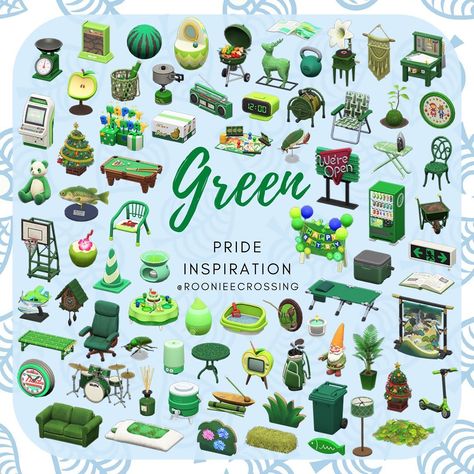 Teary-eyed klutz on Instagram: “Show your pride! 🌈 ◌ Continuing on with this fun rainbow challenge by @pokepixie, we have green! What are some of your favorite green items…” Acnh Items, Ac Ideas, Green Items, Animal Crossing Guide, Acnh Design, Video Game Rooms, Fair Games, Classic Video Games, New Animal Crossing