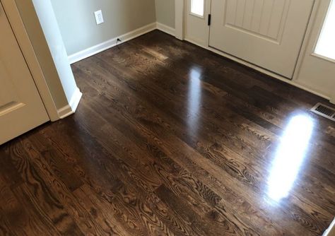 Jacobean is a very popular stain color. See how it looks on these hardwood floors! Jacobean Floor Stain, Spice Brown Floor Stain, Jacobean Stain On Red Oak, Dark Floor Stain, Jacobean Floors, Dark Hardwood Floors, Dark Hardwood Floors Living Room, Hardwood Floor Stain Colors, Dark Oak Flooring