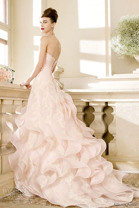 atelier aimee 2014 bridal cherie powder pink wedding dress ruffle skirt Wedding Dress Ruffled Skirt, Powder Pink Wedding, Wedding Dress Ruffle, Pnina Tornai, Wedding Dresses 2014, Pink Wedding Dress, Pink Wedding Dresses, Beautiful Wedding Gowns, A Wedding Dress