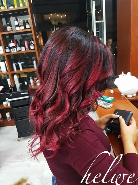 Red And Brown Bayalage Hair, Brown Hair With Red Lowlights, Pelo Color Vino, Red Balayage Hair, Sunset Hair, Red Ombre Hair, Red Balayage, Color For Black Hair, Wine Hair