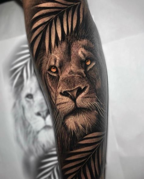 Lion Calf Tattoos For Women, Lion Leaf Tattoo, Lion Leg Sleeve Tattoo, Lion Upper Arm Tattoo Men, Tiger And Lion Tattoo, Lion Theme Tattoo Sleeve, Lion Tattoo Cover Up, Realistic Lion Tattoo Design, Lion Tattoo On Upper Arm