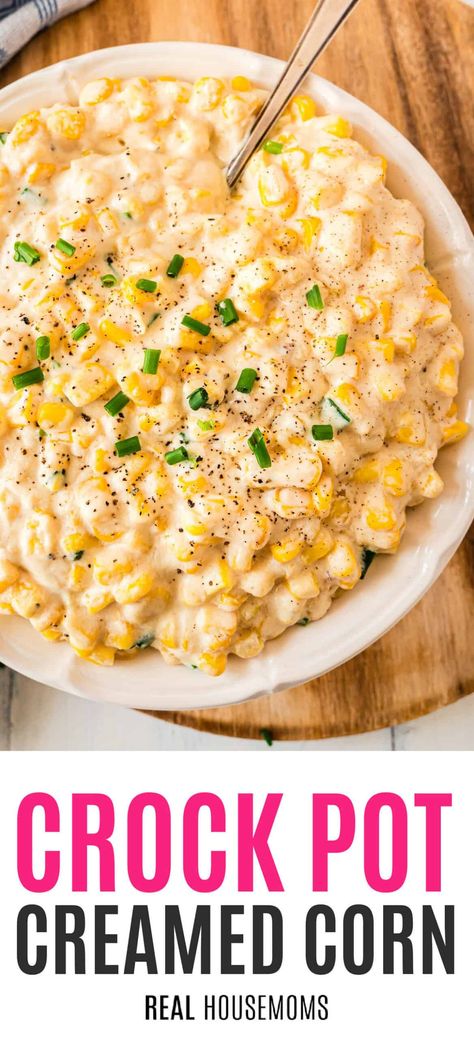 Toss together sweet corn, a blend of creamy cheeses, and the perfect spices in a crock pot to make everyone's favorite Crock Pot Creamed Corn! #Realhousemoms #crockpot #creamedcorn #bestcrockpotrecipes #sidedish #thanksgiving #christmas #easter Cream Corn Crockpot, Crockpot Creamed Corn, Cream Corn Recipe Crock Pot, Creamy Cheesy Corn, Crockpot Thanksgiving, Crockpot Corn, Crockpot Veggies, Corn Side, Crock Pot Corn