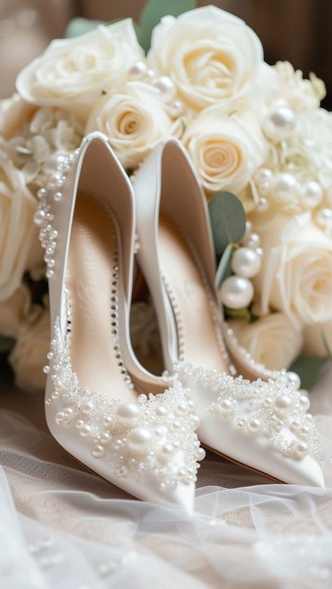 Bouquet Of White Roses, Shoes Bride, Wedding Shoes Lace, Shoe Image, Wedding Shoes Bride, Winter Bride, White Wedding Shoes, Shoes Stand, Bridal Heels