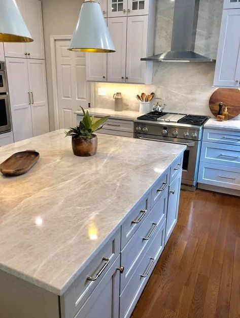 Pretty Kitchen Countertops, Taj Mahal Kitchen Design, Kitchen Counter Granite, White Kitchen With Taj Mahal Quartzite, Kitchen Inspo Granite Counter, Taj Mahal Quartzite Kitchen Countertops, Taj Mahal Quartzite Backsplash, Taj Mahal Granite Countertops, Taj Mahal Quartzite Countertops Blue Cabinets