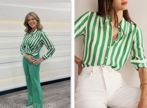 Good Morning Britain: July 2023 Kate Garraway's Green Striped Shirt Green And White Striped Shirt Outfit, Green And White Striped Shirt, White Striped Shirt Outfit, Green Striped Shirt, Kate Garraway, Fall Transition Outfits, Good Morning Britain, White Stripes Shirt, Clothes Spring