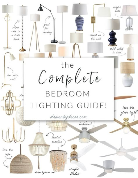 Complete bedroom lighting guide - the best light fixtures including floor lamps, table lamps, pendants, chandeliers, and ceiling fans! Bedroom Styling Ideas, Home Fixtures, Bedroom Lighting Ideas, Aesthetic Lights, Driven By Decor, Rectangle Bedroom, Vintage Industrial Lighting, Coastal Lighting, Light Fixtures Bedroom Ceiling