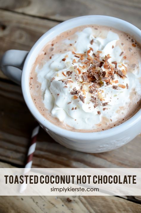 Toasted Coconut Hot Chocolate | simplykierste.com Beverage Stations, Hot Chocolate Recipe Homemade, Coconut Hot Chocolate, Crockpot Hot Chocolate, Tried And True Recipes, Desserts Cookies, Coconut Chocolate, Homemade Hot Chocolate, Drink Station