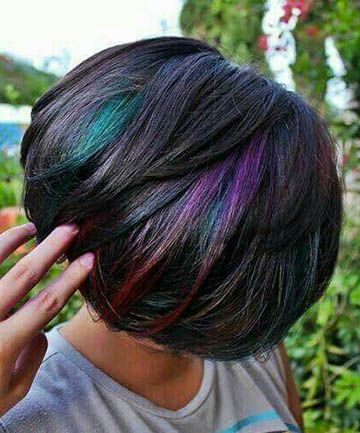 Peek-a-Boo Color Oil Slick Hair Color, Hair Color 2017, Oil Slick Hair, Slick Hair, Underlights Hair, Peekaboo Highlights, Stacked Bob Haircut, Multicolored Hair, Top Hairstyles