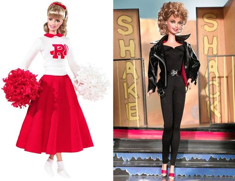 Sandy from Grease in a Rydell High cheerleader's outfit and in the black faux leather jacket and jumpsuit from the final scene of the film Grease Olivia Newton John, Sandy Olsen, Barbie And Ken Dolls, Celebrity Barbie, Donna Douglas, Celebrity Barbie Dolls, Beverly Hillbillies, Sandy Grease, The Beverly Hillbillies