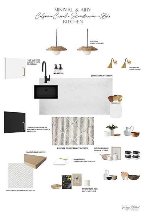 Boho Scandinavian Kitchen, Farmhouse Boho Kitchen, White Herringbone Backsplash, Oak Shelving, Full Kitchen Remodel, Casual Kitchen, Scandinavian Farmhouse, Kitchen Mood Board, Boho Space