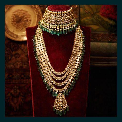 Classic uncut diamond and emerald choker and long necklace from the Sabyasachi Heritage Bridal Jewelry collection.  For all jewellery related queries, kindly contact sabyasachijewelry@sabyasachi.com  #Sabyasachi #SabyasachiJewelry #TheWorldOfSabyasachi Indian Bridal Jewelry Kundan, Emerald Choker, Indian Bridal Jewellery, Sabyasachi Jewellery, Bridal Jewelry Collection, Wedding Jewellery Collection, Bridal Fashion Jewelry, Indian Jewelry Sets, Desi Wedding