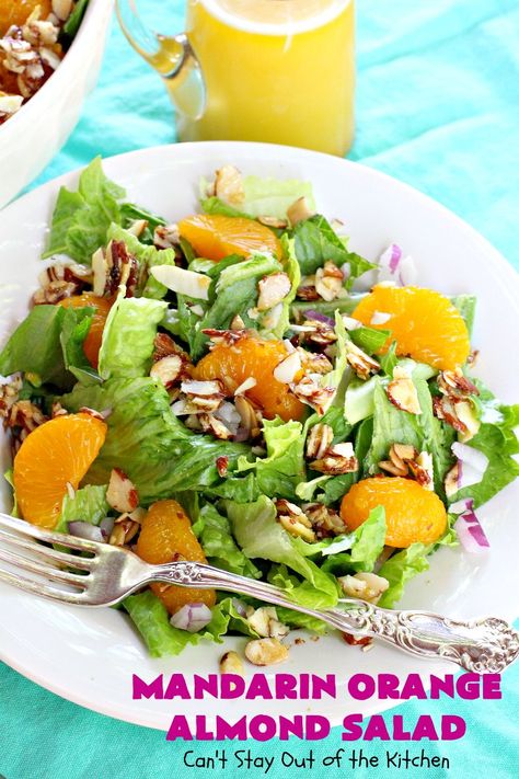 Mandarin Orange Almond Salad – Can't Stay Out of the Kitchen Mandarin Orange Salad Romaine, Orange Almond Salad, Hawaiian Salad, Bear Diet, Mandarin Salad, Dressings Recipes, Almond Salad, Mandarin Orange Salad, Lettuce Recipes